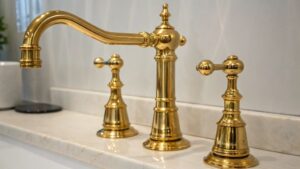 Lacquered brass kitchen fixtures showing shiny golden finish – pros, cons, and care tips for maintenance
