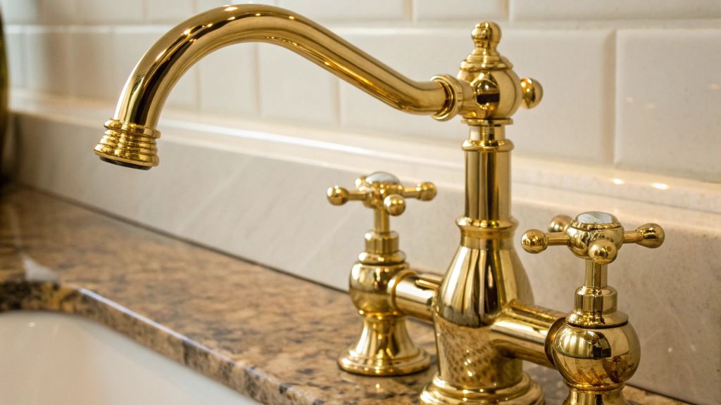 Close-up of a shiny lacquered brass kitchen faucet with reflections, illustrating the pros, cons, and care of lacquered brass in kitchen design