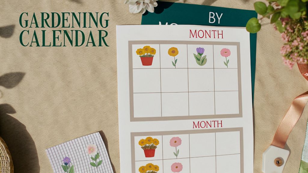 Illustration of a gardening calendar showing flowers being planted month by month, designed for beginners learning seasonal flower planting