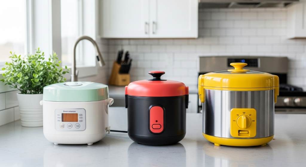 Assorted underrated rice cookers lined up in a modern kitchen, showcasing compact designs and colorful lids.