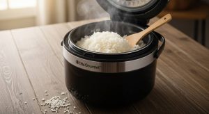 Close-up of fluffy white rice steaming from an Elite Gourmet ERC003B cooker on a wooden table.