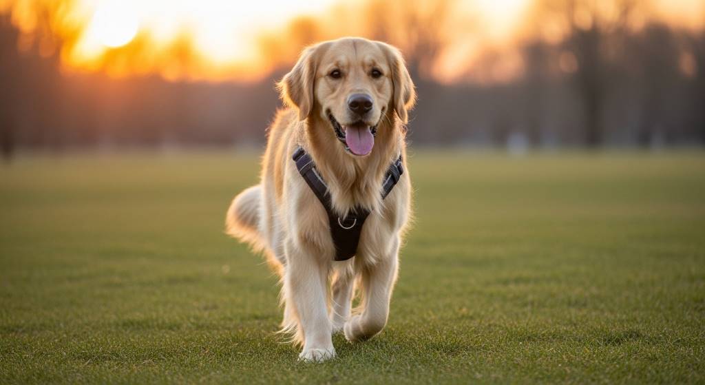Happy golden retriever walking calmly on front-clip no-pull harness during sunset park stroll