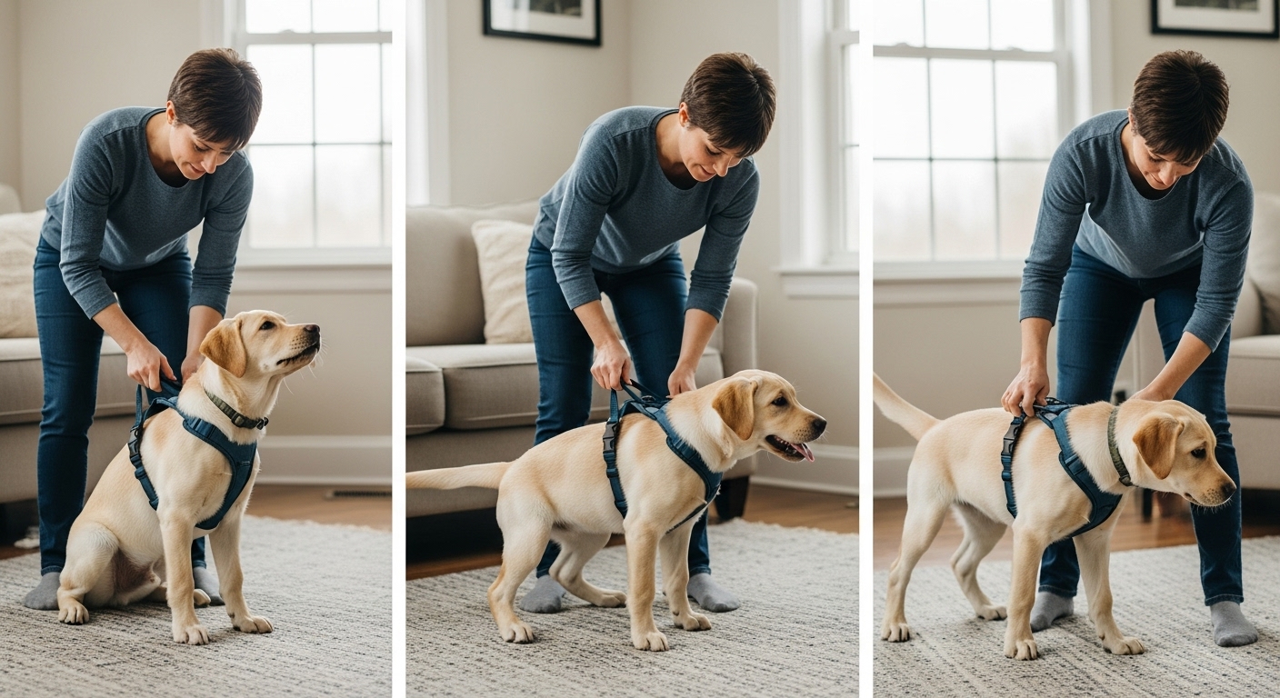 Owner fitting padded no-pull harness on excited labrador puppy indoors step-by-step