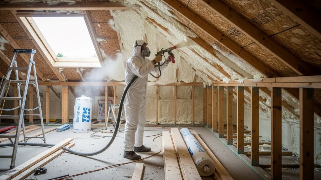 Professional installer applying spray foam insulation to the interior cavity of a box gable roof extension during home renovation