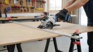 Homeowner cutting plywood with a compact circular saw using a clamped straightedge guide