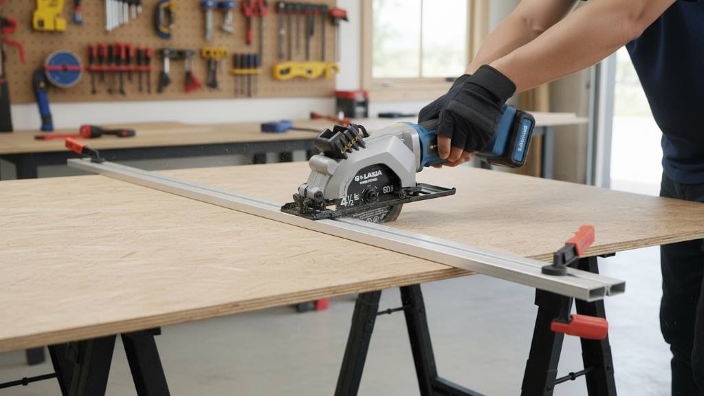 Homeowner cutting plywood with a compact circular saw using a clamped straightedge guide