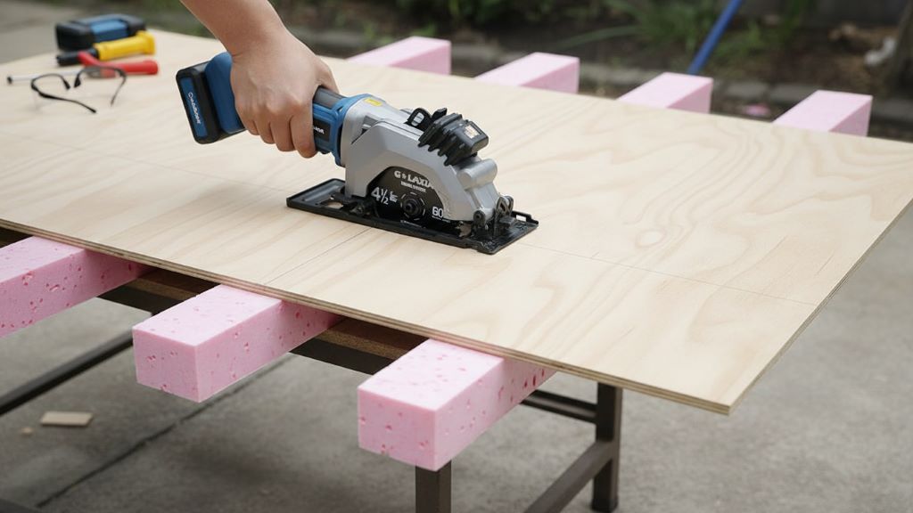 Proper plywood support setup on foam boards for safe circular saw cutting