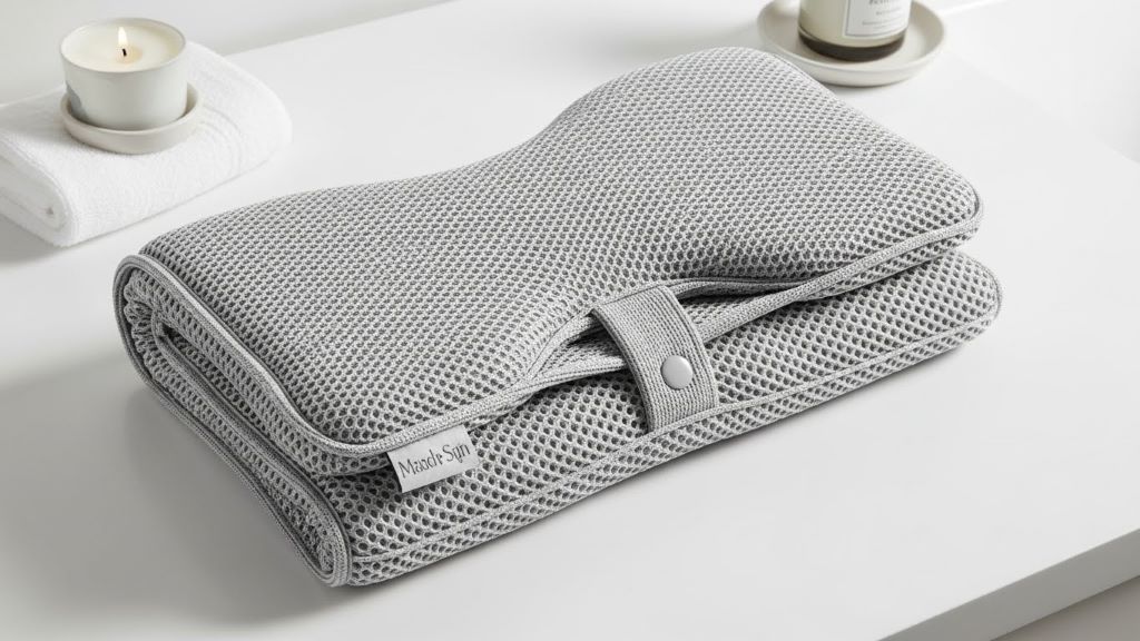 Top view of quick-dry mesh luxury bath cushion folded for storage