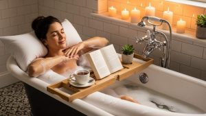 Woman relaxing in bathtub with luxury full-body bath pillow supporting head and back