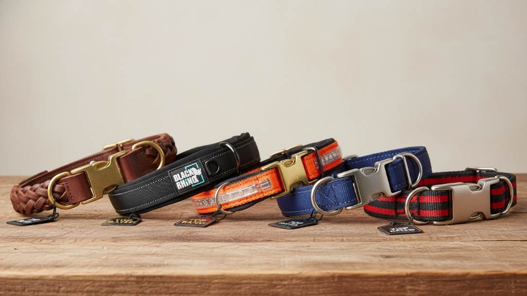 Group of top reviewed collars for large dogs displayed on table