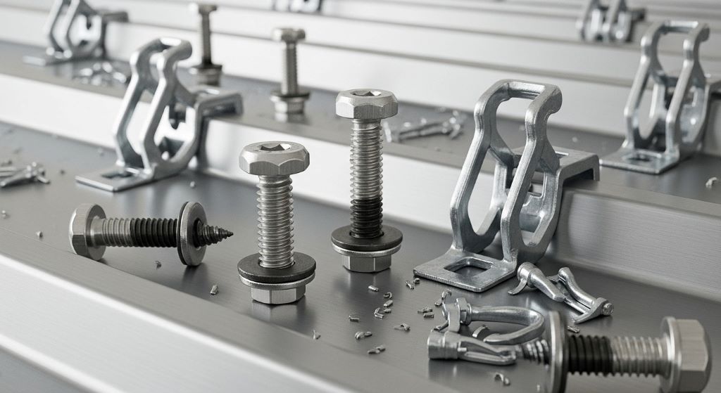 Close-up view of metal roofing fasteners and clips designed for high wind zone applications