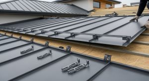Metal roof installation showing standing seam panels and concealed fastening clips on residential building