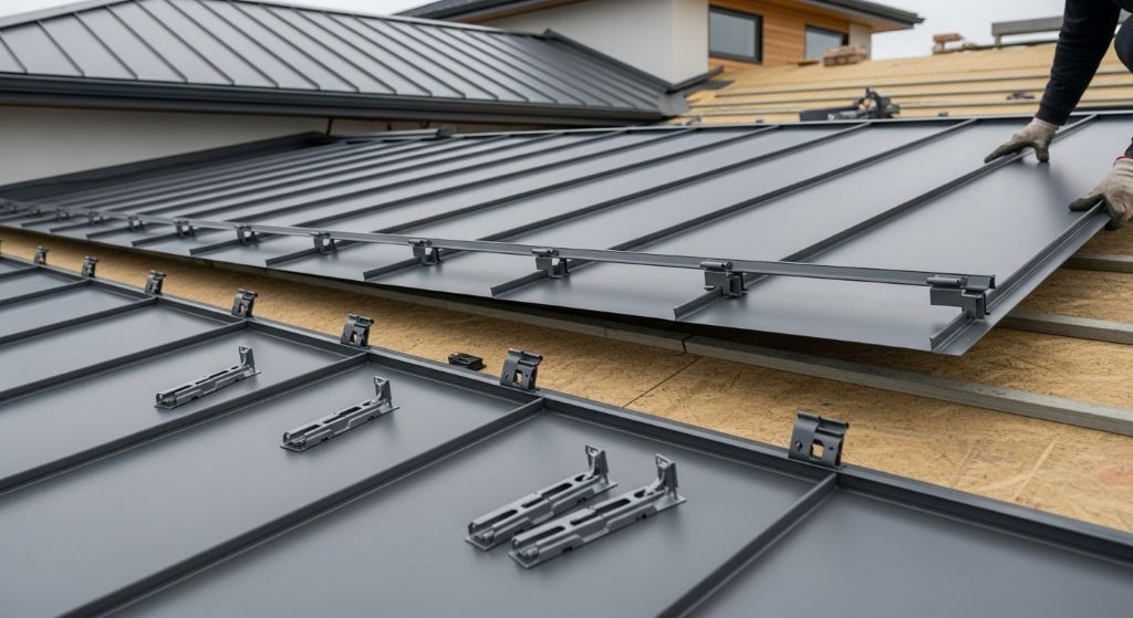 Metal roof installation showing standing seam panels and concealed fastening clips on residential building