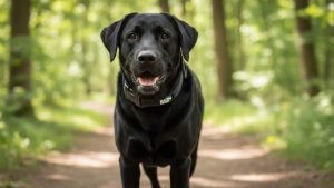 Large breed dog wearing soft padded collar during outdoor walk