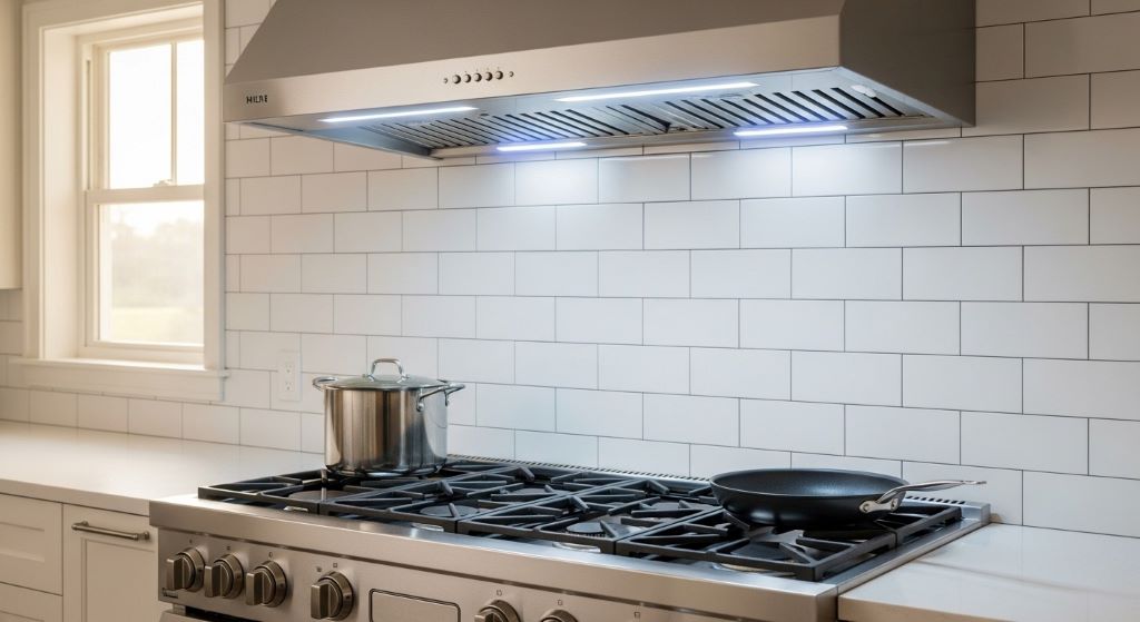Stainless steel wall-mounted kitchen exhaust fan with LED lighting installed above gas range cooktop for effective smoke and grease removal