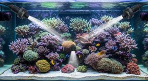 Multiple powerheads strategically placed in saltwater reef tank showing proper positioning angles for complete water circulation and coral health
