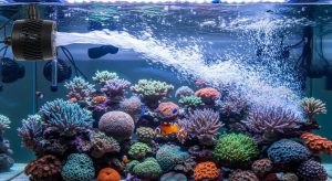 Reef aquarium circulation pump positioned in upper corner creating turbulent water flow across colorful coral colonies for optimal growth