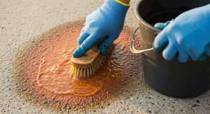 scrubbing rust stain from concrete driveway with brush