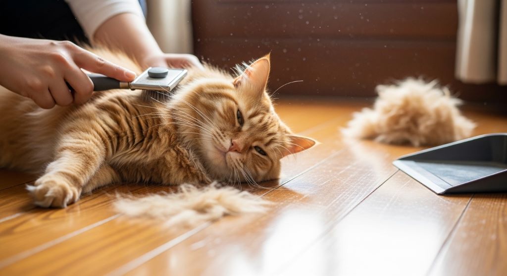 A cat being gently brushed by its owner on a wooden floor to reduce shedding and improve home cleanliness