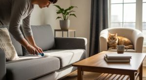 A person using a lint roller to remove cat hair from a grey fabric sofa in a bright living room