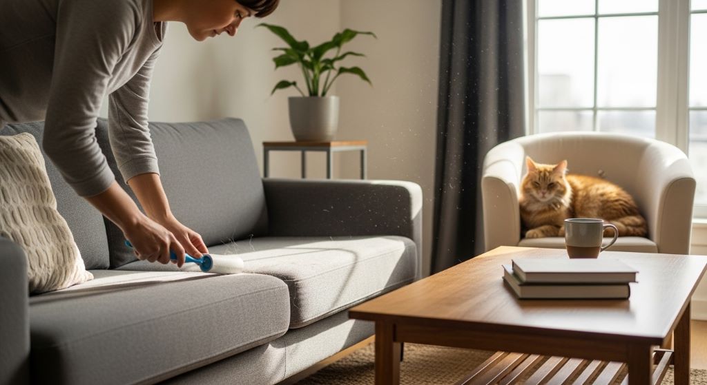 A person using a lint roller to remove cat hair from a grey fabric sofa in a bright living room