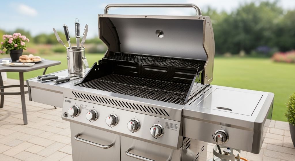 Well-maintained stainless steel gas grill with clean cooking surface and burners