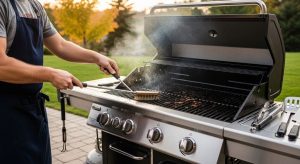 Person cleaning outdoor grill grates with wire brush after cooking session