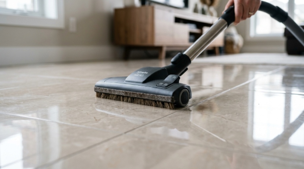 Close-up of a non-scratch vacuum head gliding over glossy ceramic tile