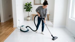 Person using a canister vacuum with a soft brush head on clean white tile floors