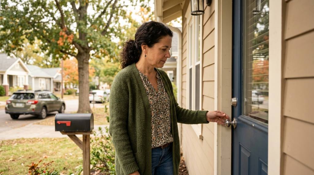 Nashville homeowner using a non-damaging tool to open a push button door lock safely indoors