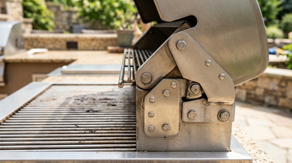 Close up view of heavy duty stainless steel grates on an outdoor grill.
