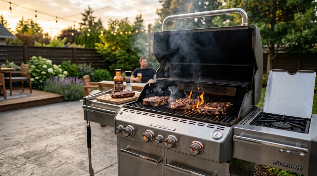 A premium stainless steel gas BBQ grill cooking steaks on a modern backyard patio.
