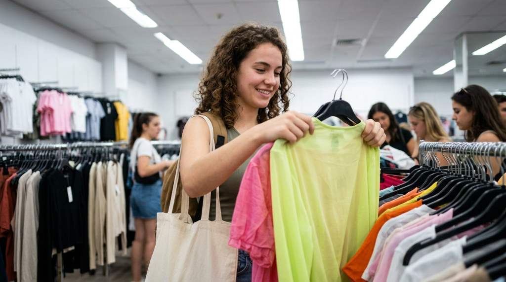 Students comparing durable clothing before making a purchase