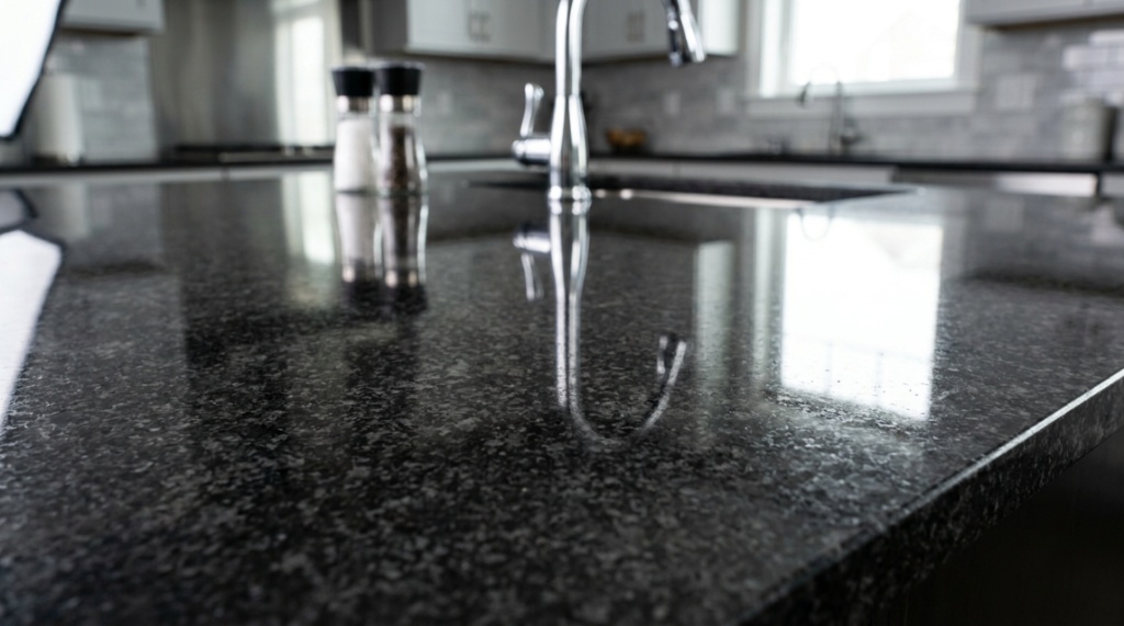 Close up shot of spotless streak free dark granite countertop.