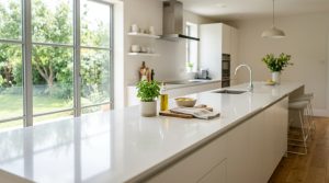 Clean gleaming quartz kitchen counters reflecting bright natural morning light.