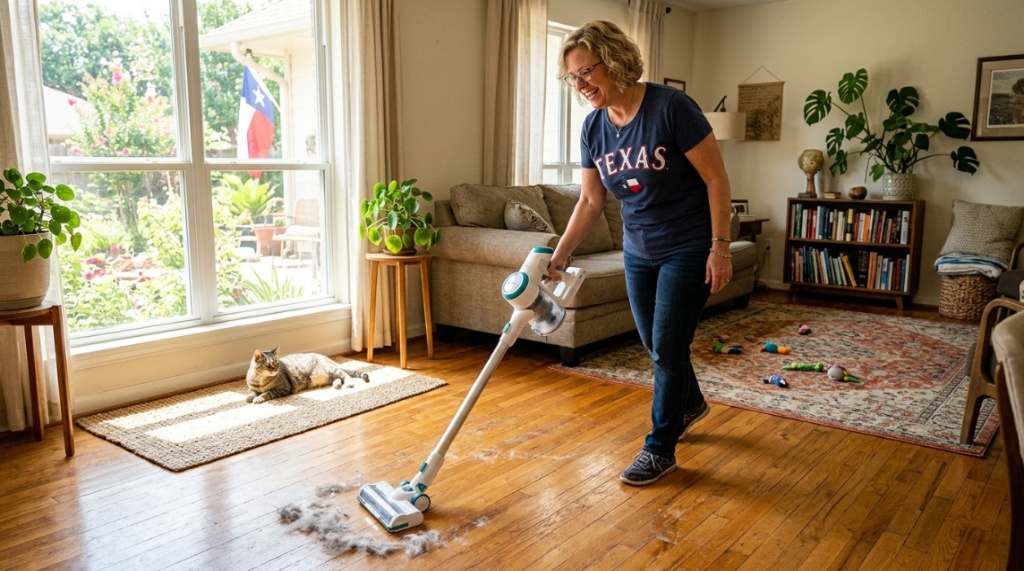 Homeowner using a budget-friendly vacuum to clean cat hair off living room floors.