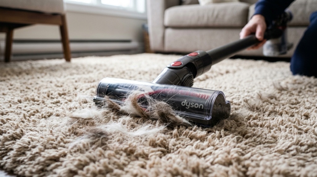 Vacuum nozzle efficiently picking up stubborn cat hair from a living room rug.