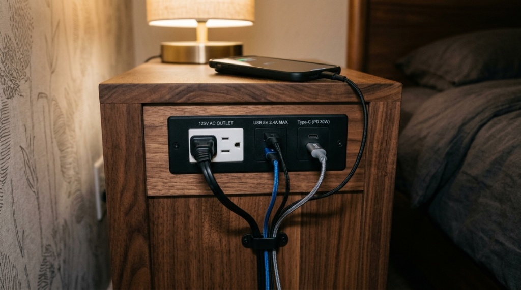 Close-up of integrated USB ports and power outlets on a wooden nightstand.
