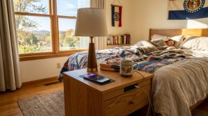 Modern wooden nightstand with a built-in charging station in a bedroom.