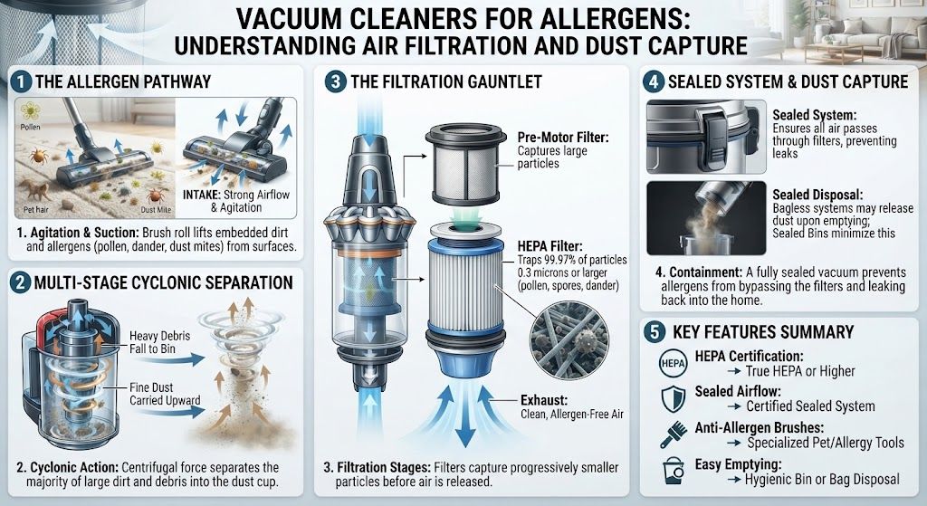 Vacuum cleaners for allergens and dust capture