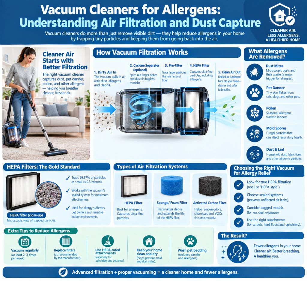 Vacuum filter capturing dust and allergens