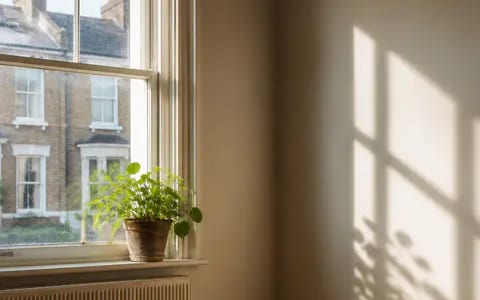 A sash window with a potted plant on the sill, sunlight streaming in onto a radiator beneath it